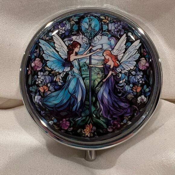 Whimsical Fairies Travel Pill Box 3 Compartment Medicine Pill Case Metal NEW - Picture 1 of 6